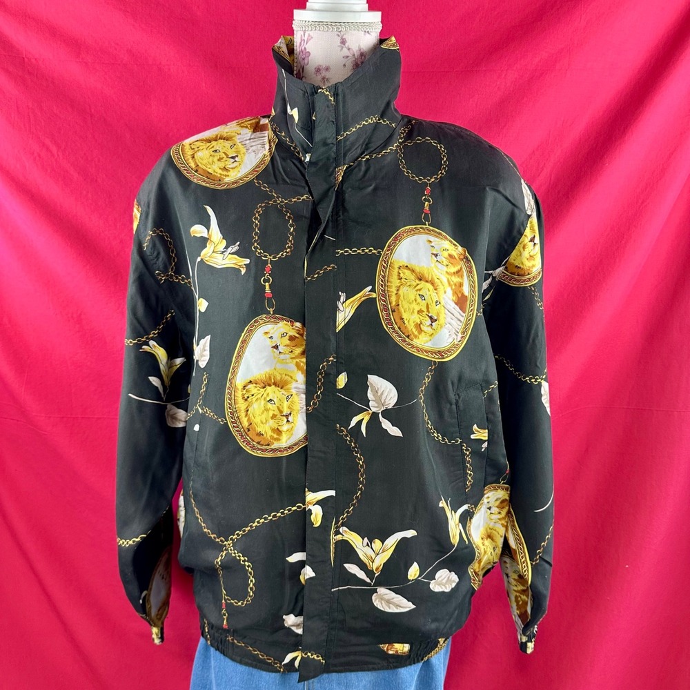 Vintage Silk Lion Print Bomber Jacket 90s Baroque Chain Windbreaker Medium - Picture 5 of 17